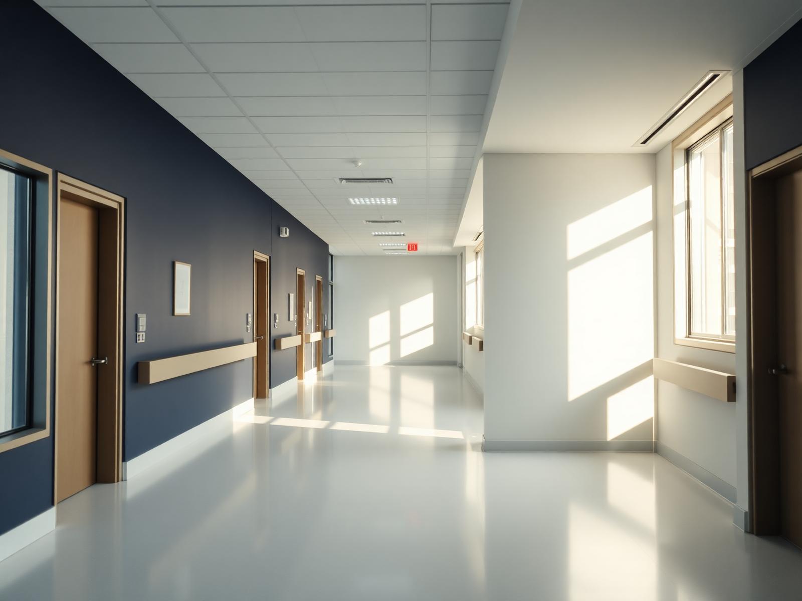 Sunlit hospital corridor at MH Hospital